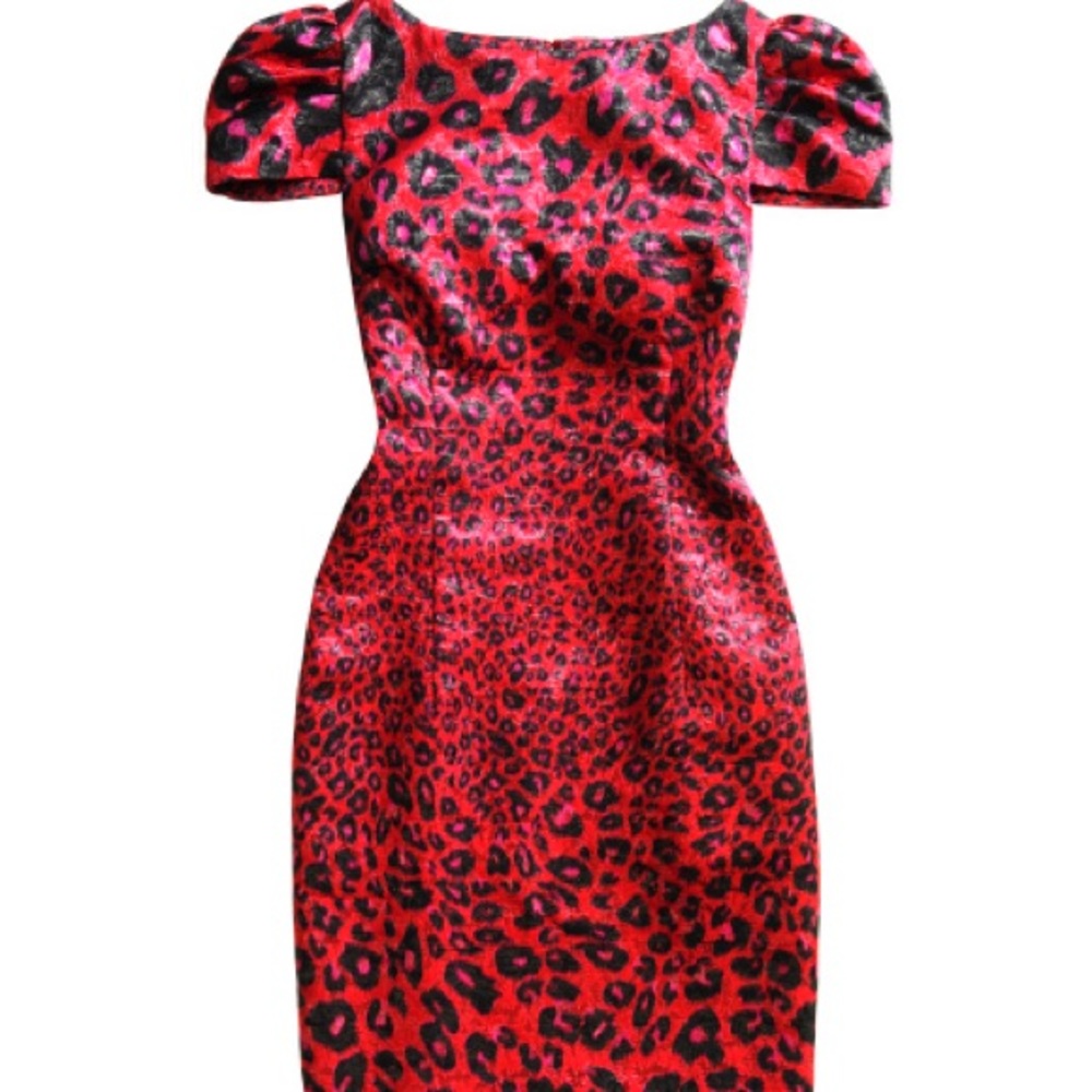 Red Leopard Print Puff Sleeve Sheath Dress